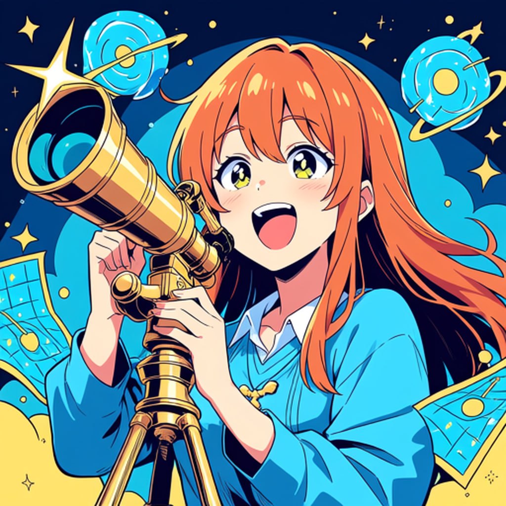 Anime girl with telescope discovering planets