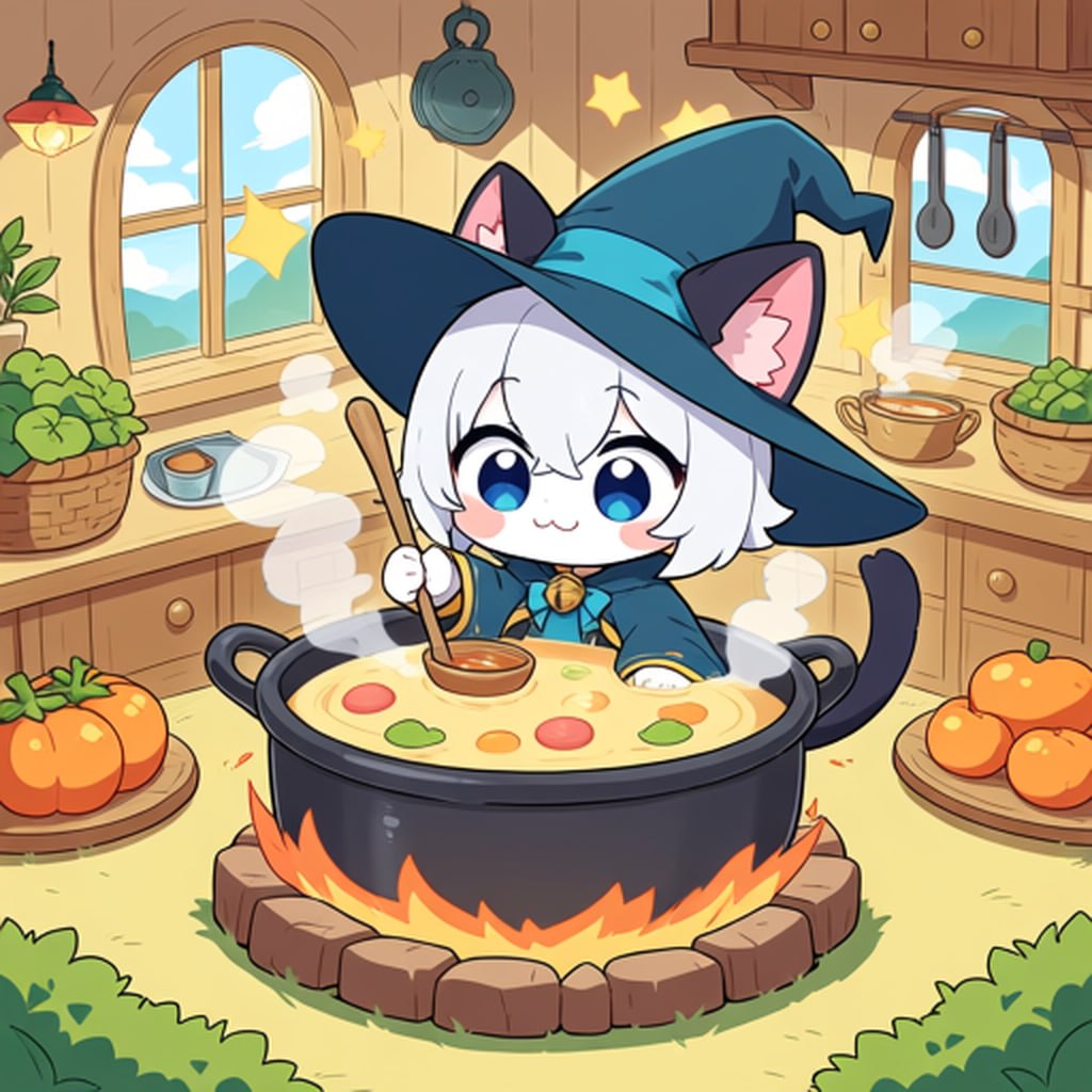 Chibi witch cat stirring a magic pot