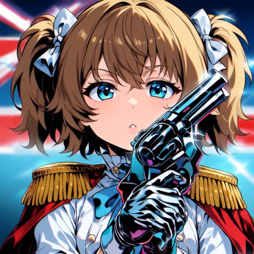 Anime girl in royal uniform holding a revolver